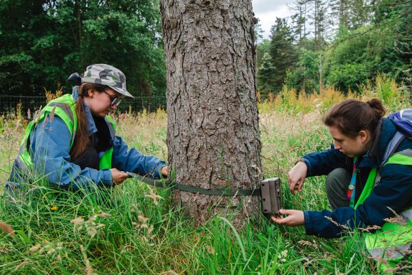 two women attach a camera trap to a tree in a field