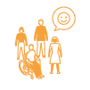 Sustainable events community - diverse group of people with a speech bubble containing a happy face emoji